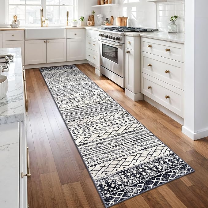 KUTA Moroccan Washable Runner Rug, 2x10 Non-Slip Vintage Black Navy Blue Boho - Image 2