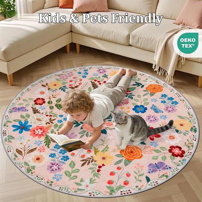 Round Area Rug for Living Room: 6 ft Floral Washable Circle Rug Soft Boho - Image 8