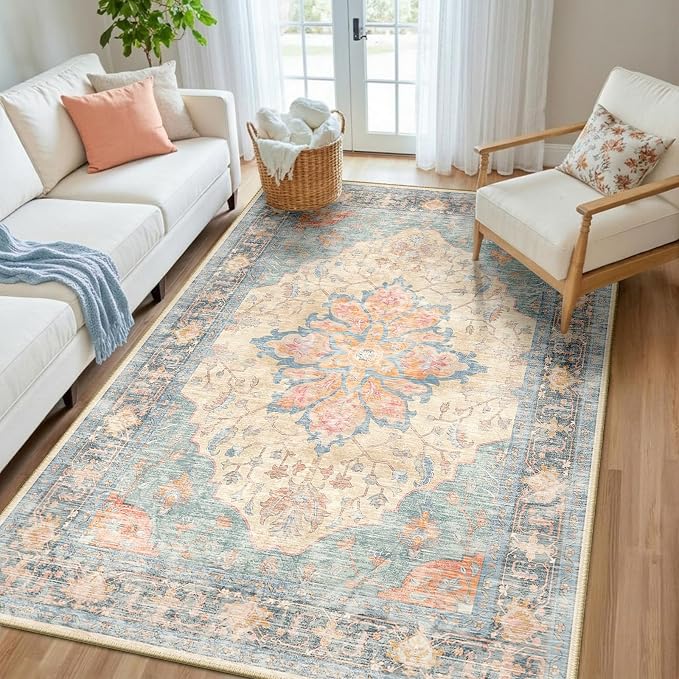 RELEANY Area Rugs 5'x8' Washable Non-Slip, Floral Vintage Distress Medallion by RELEANY