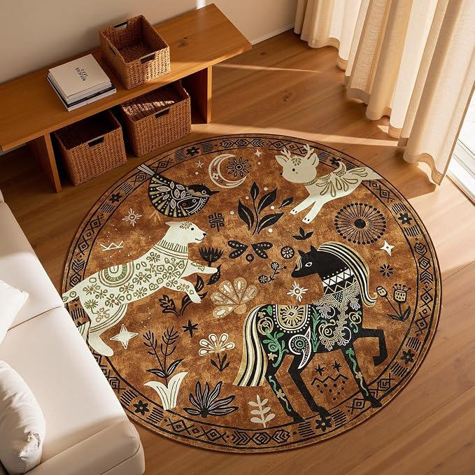 jinchan 5R Cute Round Rug Kids Washable Fun Rug Earthy Brown Starlit Boho by JINCHAN