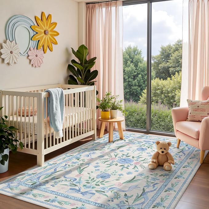Blue Floral Rug 3x5 for Girls Bedroom or Nursery, Cute Bow Washable Area Rug - Image 4