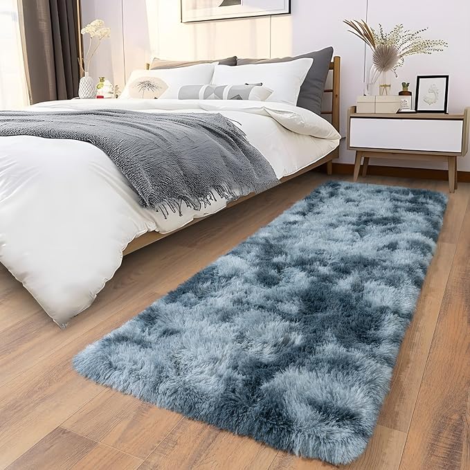 Soft Runner Rugs for Bedroom Hallways, 2x5 Tie-Dyed Blue Grey Fluffy Shag Throw - Image 5