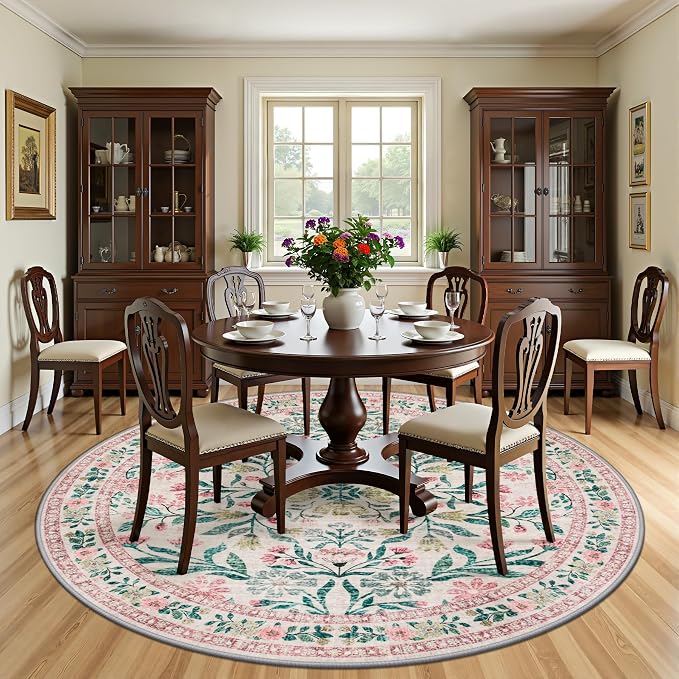 Round Area Rug for Living Room: 8 ft Floral Washable Circle Rug Soft Boho - Image 3