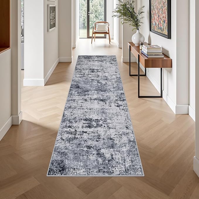 2.6'x10' Runner Rug Washable Rug: Modern Abstract Soft Thin Runner Rug Grey - Image 4