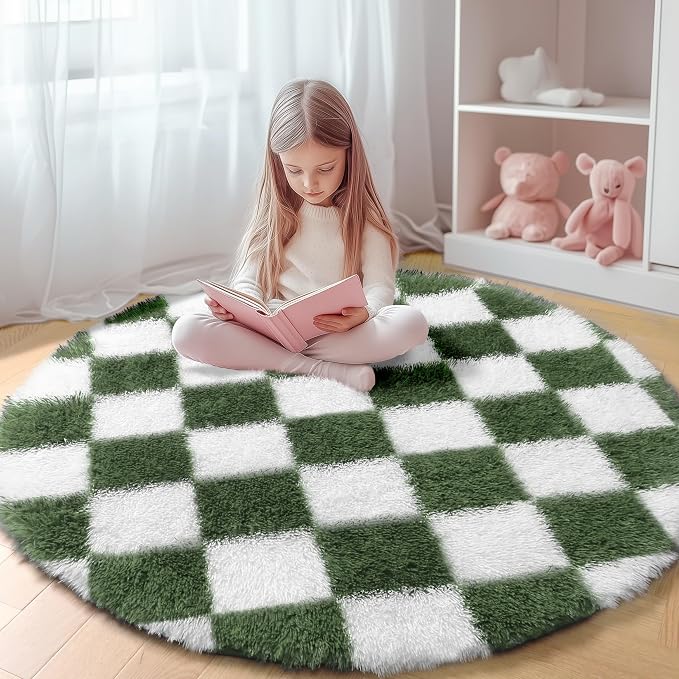 KICMOR Round Rug 4ft Olive Green and White Circle Area Rug, Fluffy Soft Fuzzy by KICMOR