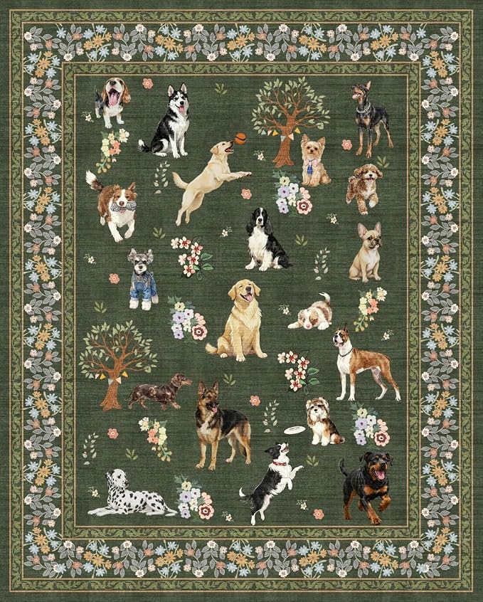 Dogs Area Rugs 9x12 Living Room, Washable Rug Non Slip Floral Low Pile Large Rug by WelcometoBabovid