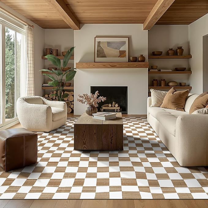jinchan 8x10 Brown Checkered Area Rugs - Image 9