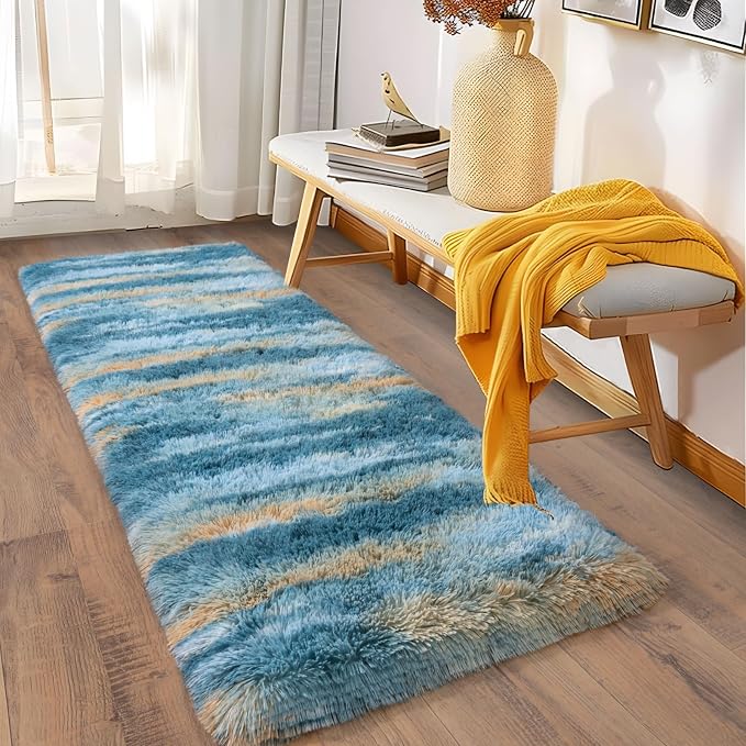 Soft Runner Rugs for Bedroom Hallways, 2x6 Abstract Blue Fluffy Shag Throw Area - Image 4