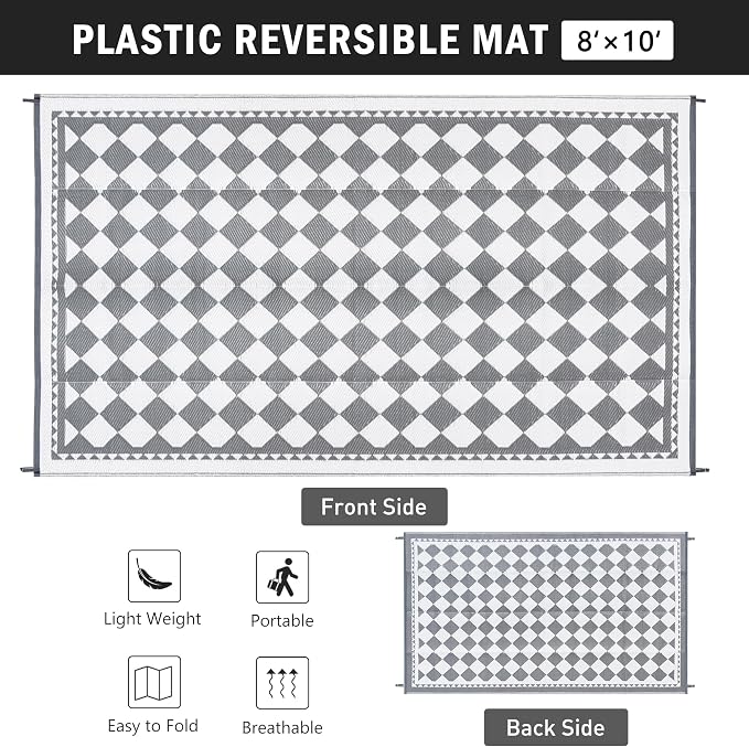 HUGEAR Outdoor Waterproof Rug 8'x10' Plastic Straw Rugs Washable Reversible - Image 2