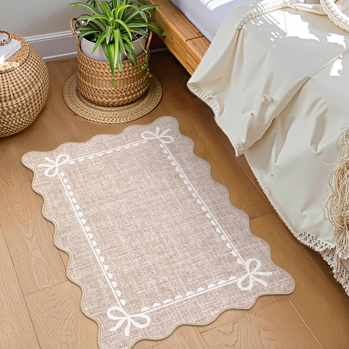 GarveeHome Scalloped Bow Rug for Kitchen Floor, Solid Camel Rug for Dorm - Image 3