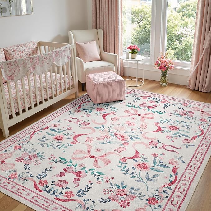 DCX Washable 4x6 Bow Rug, Cute Soft Low Pile Indoor Décor Carpet, Kid & Pet by DCXWashableRug