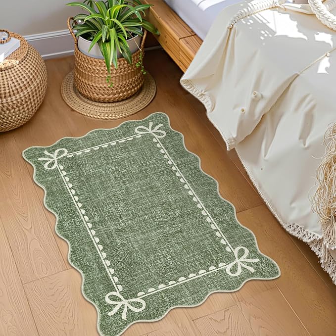 GarveeHome Scalloped Bow Rug for Kitchen Floor, Solid Green Rug for Dorm - Image 2