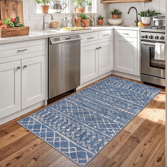KUTA 3x5 Boho Area Rug for Living Room, Moroccan Blue Beige Washable Kitchen - Image 2