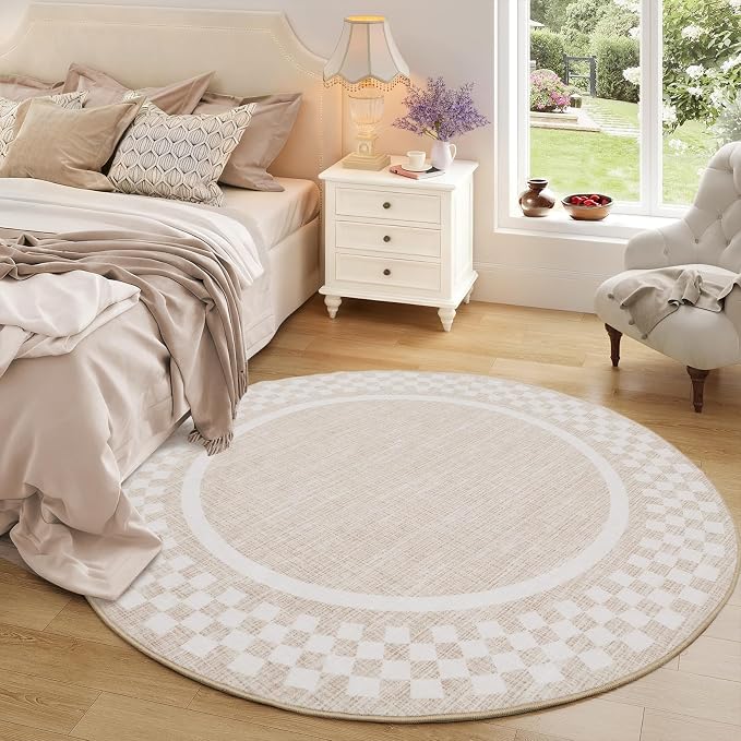 4ft Washable Round Rug for Entryway Modern Checkered Bedroom Circle Rug Non - Image 2
