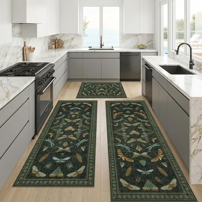 JTJ Botanical Insect Kitchen Rug Set of 3, Dark Green Nature Inspired Floor Mats - Image 5