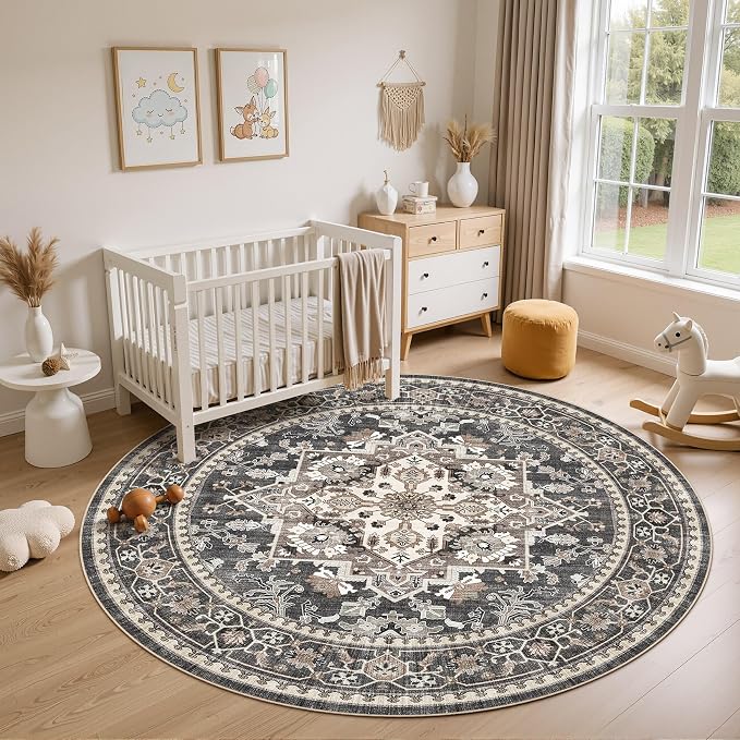 6ft Round Area Rug: Washable Vintage Neutral Soft Non Slip Thin Large Floor - Image 4