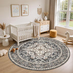 6ft Round Area Rug: Washable Vintage Neutral Soft Non Slip Thin Large Floor - Image 4