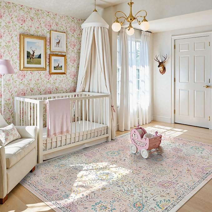 Lahome Girls Bedroom Pink Rug 6x9, Soft Washable Floral Area Rug, Non Slip - Image 6
