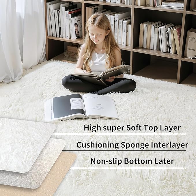 KICHOWUA Thick Area Rug 5x7 Cream White Fluffy Shag - Image 4