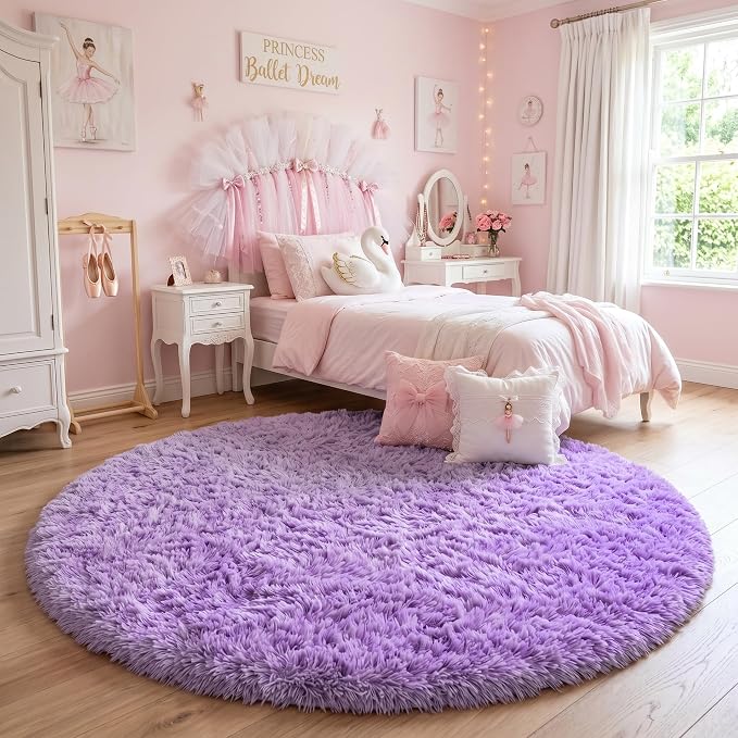 Amdrebio Purple Round Rugs 5Ft for Girls Bedroom Decor Aesthetic, Fluffy Fuzzy - Image 5