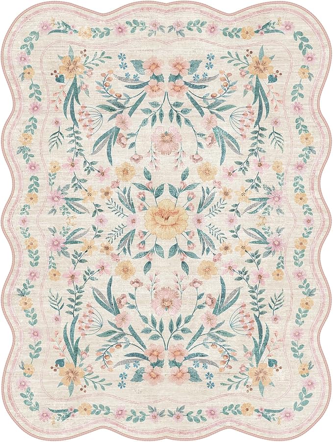 Pink Floral Rug 3X5 for Girls Bedroom or Nursery, Scalloped Washable Non-Slip - Image 6