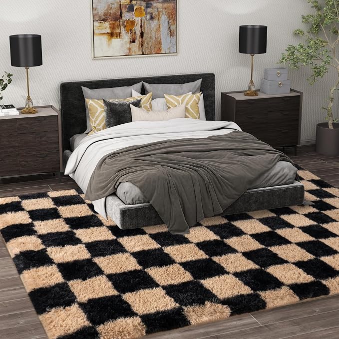 Shag Rugs for Bedroom, 4x6 Checkered Black Beige Soft Fuzzy Rugs for Living Room - Image 2