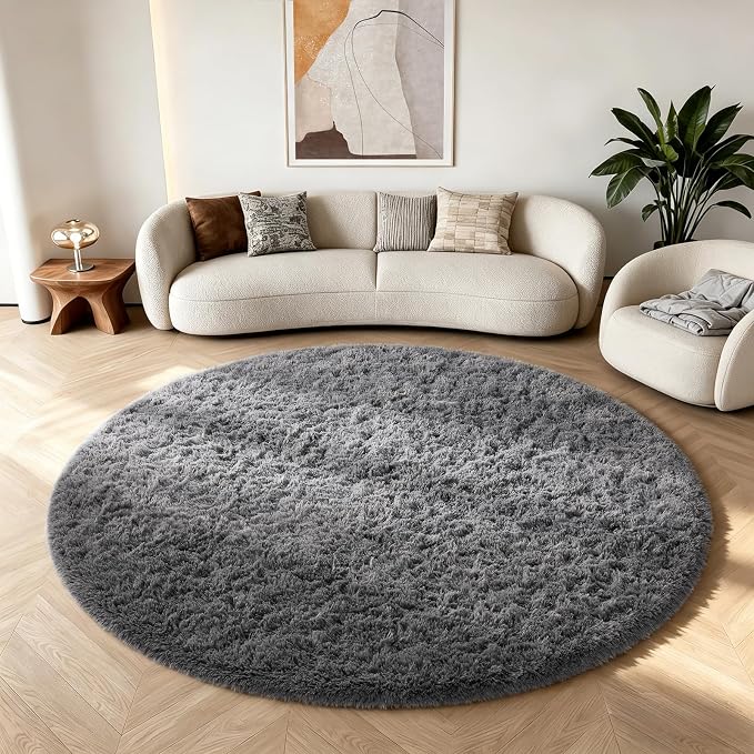 Ophanie Round Rug 6Ft Grey Circle Area Rugs, Fluffy Fuzzy Large Bedroom Carpet - Image 5