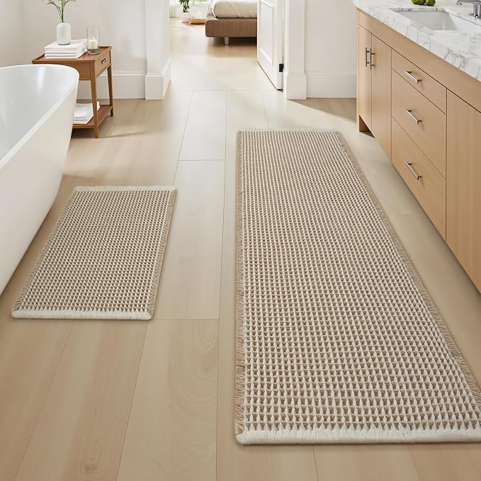 Upgraded Waffle Bath Mat Set of 2 Super Absorbent Non Slip Bath Mats by AMOAMI