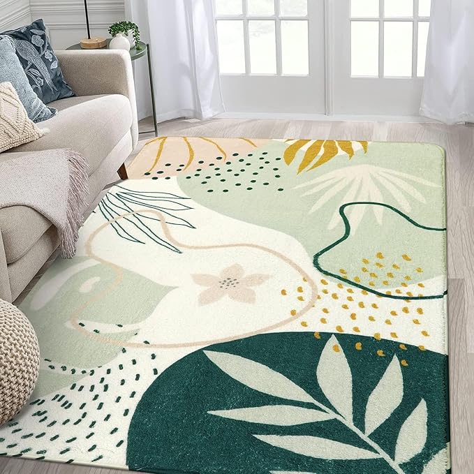 Lahome Sage Green Boho Area Rug 5x7, Washable Non Slip Soft Botanical Rug by Lahome