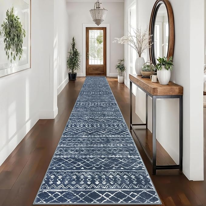 KUTA Boho Runner Rug for Hallway 2.6x16 Moroccan Washable Navy Blue Rugs by KUTA