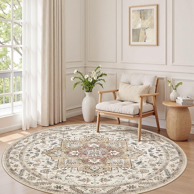 6ft Round Vintage Living Room Area Rug by COTILED