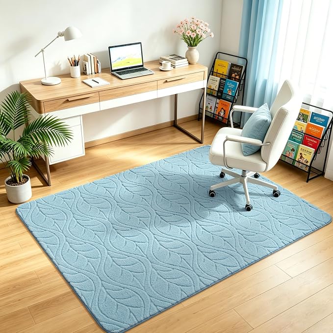 3x5 Blue Washable Area Rug for Bedroom, Leaf Geometric Patter Shag Non-Slip - Image 5