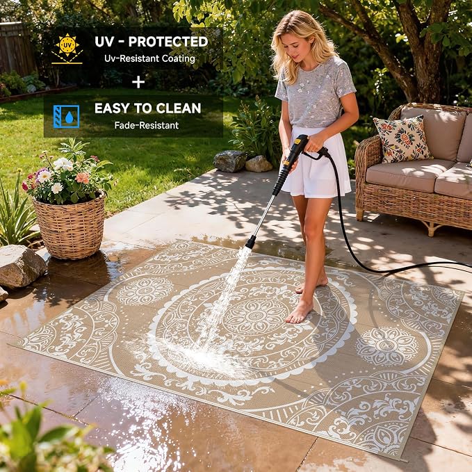 Pauwer Waterproof Outdoor Rug 5x8, Reversible Plastic Straw Patio Camping Rug - Image 4