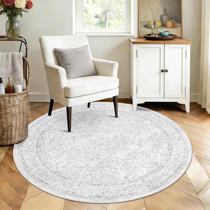 Round Rugs 4ft Vintage Floral Small Circle Rug, Washable Non Slip Soft Low Pile - Image 3