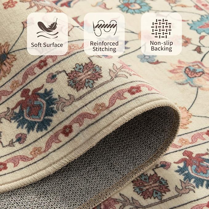 Rugxara Pink Rug for Living Room Bedroom, Floral 5x7 Washable Rug, Vintage Boho - Image 5