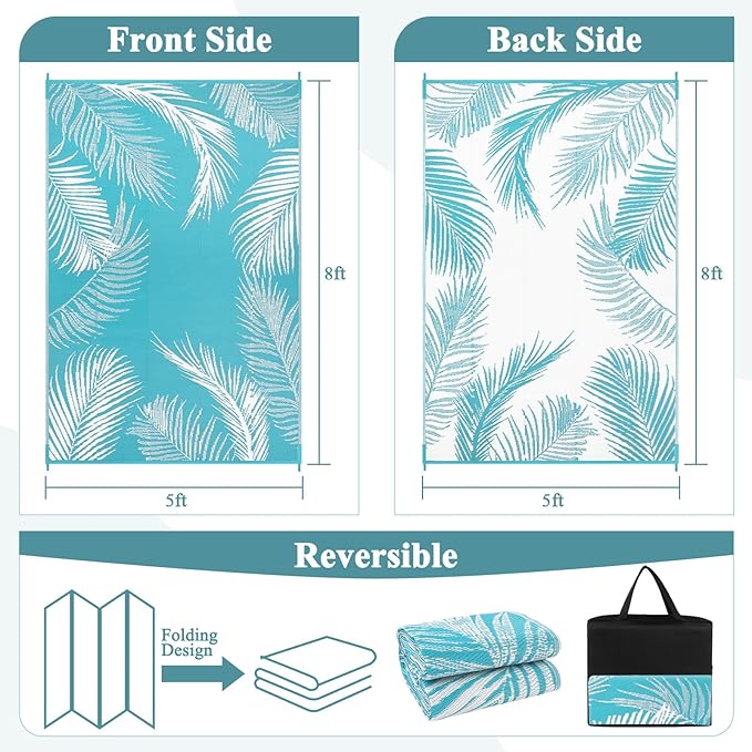 Pauwer Waterproof Outdoor Rug 5x8, Reversible Plastic Straw Patio Camping Rug - Image 2