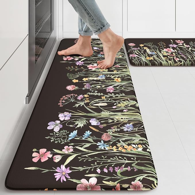 KIMODE Anti Fatigue Mats for Kitchen Floor 17"x47"+17"x29", Farmhouse Floral by StayinComfortCookwithJoy