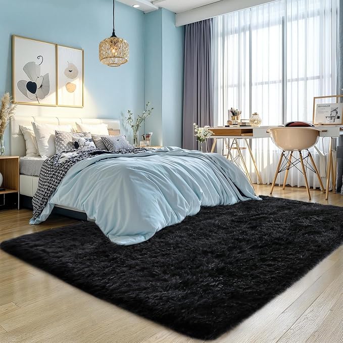 KCHOWUA Thick Area Rug Black Fluffy Shag 5x8 - Image 8