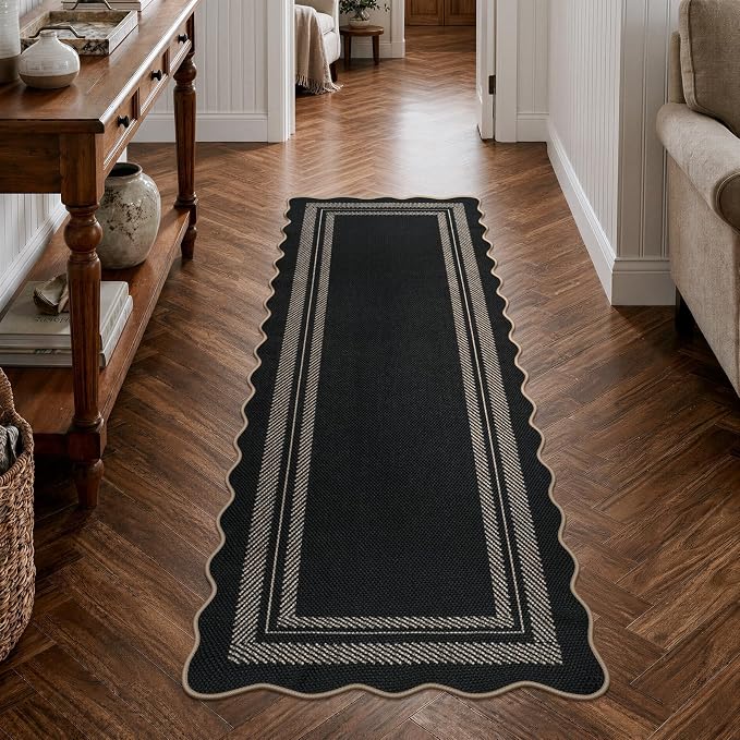 LIVEBOX Scalloped 2x6 Kitchen Runner Rug, Easy Jute Black Rugs by LIVEBOX