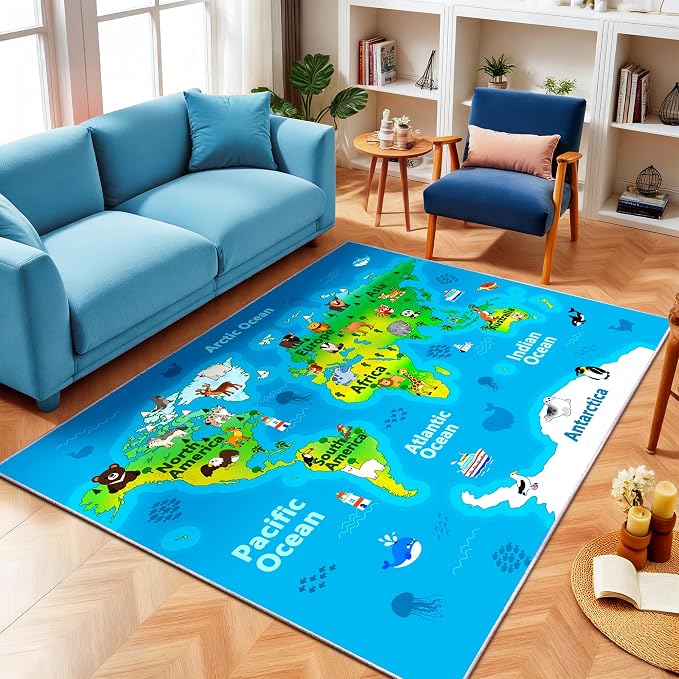 Kids Playroom Rug, 7x9ft World Map Play Mat - Image 9