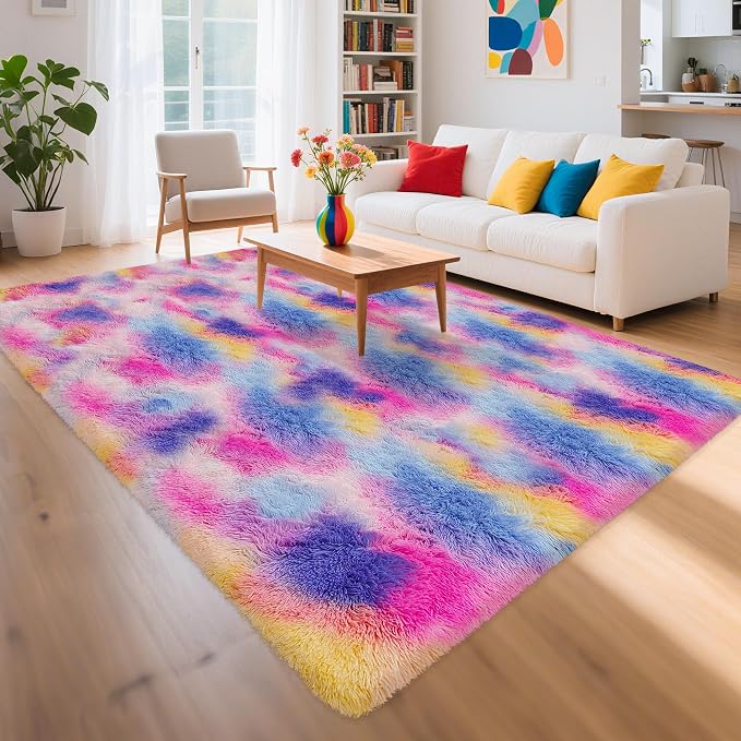 Dark Rainbow Rug for Kids Room 6x9 Cute Fluffy Kids Area Rugs for Bedroom Girls - Image 2