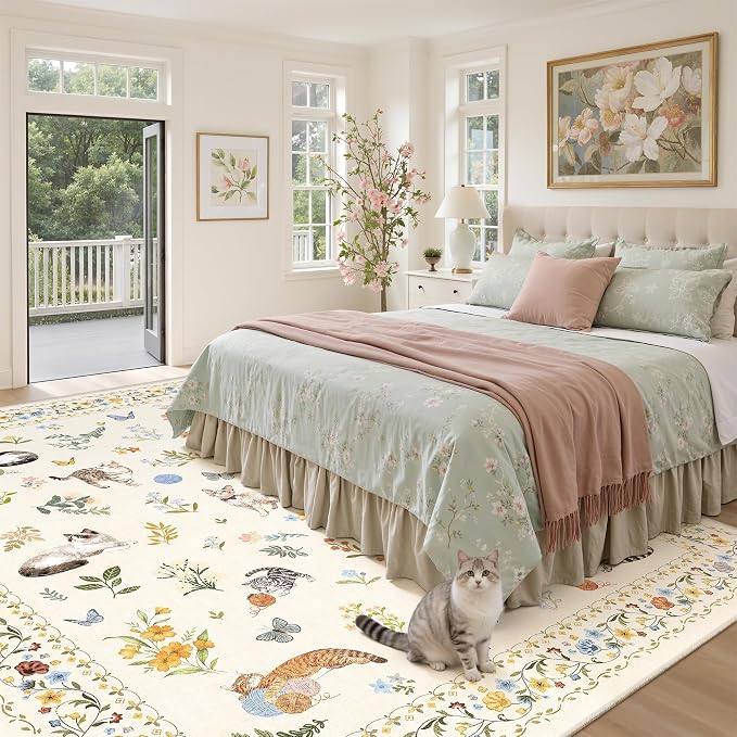 Soalmost Cat 8x10 Area Rugs for Living Room, Machine Washable Animal Floral - Image 4