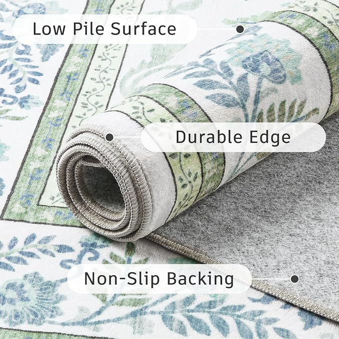 DCX Green and Blue Floral 2x8 Runner Rug, Machine Washable - Image 6