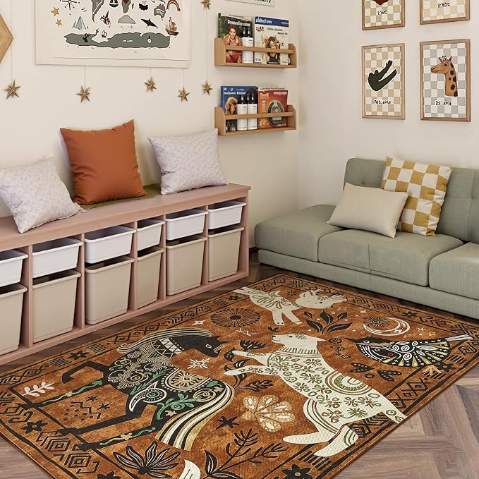 jinchan 5x7 Cute Area Rug Kids Washable Fun Rug Earthy Brown Starlit Boho - Image 9