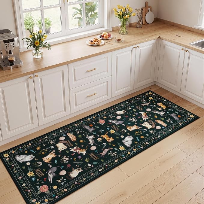 Unirea 2.6x8 Black Cat Runner Rug, Washable Non Slip Botanical Rug - Image 8