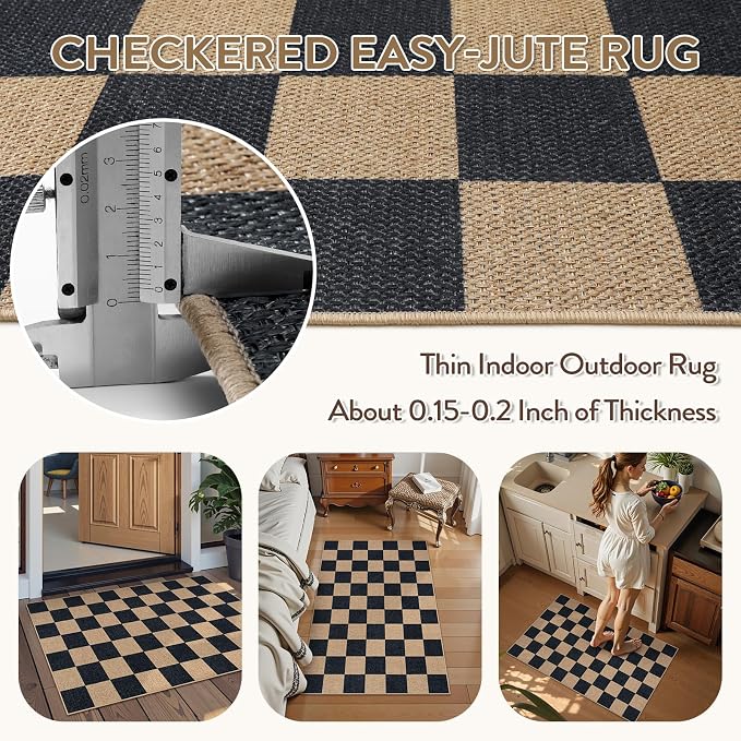 Lahome Colette Checkered Easy Jute 2x3 Rug, Small Entryway Rug Non Slip Kitchen - Image 4