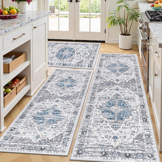 Ileading Kitchen Rugs Sets of 3 Non Slip Washable, Farmhouse Gray Kitchen Runner by Ileading