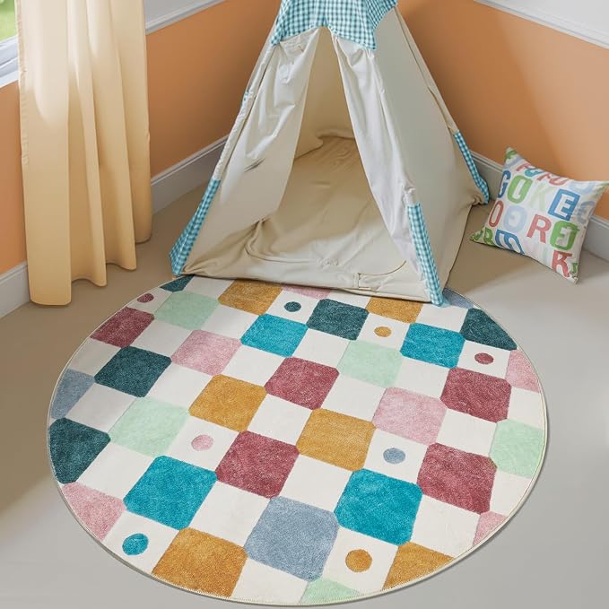 jinchan Macy 4ft Round Rug for Kids Room Modern Colorful Checkered Diamond - Image 3