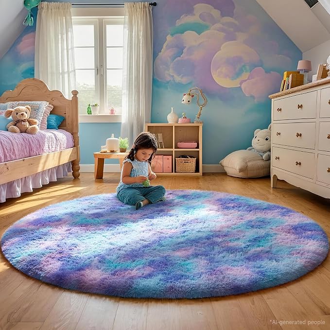 Ophanie Round Rugs 5Ft Tie-Dye Rainbow Purple Area Rug, Aesthetic Room Decor - Image 3