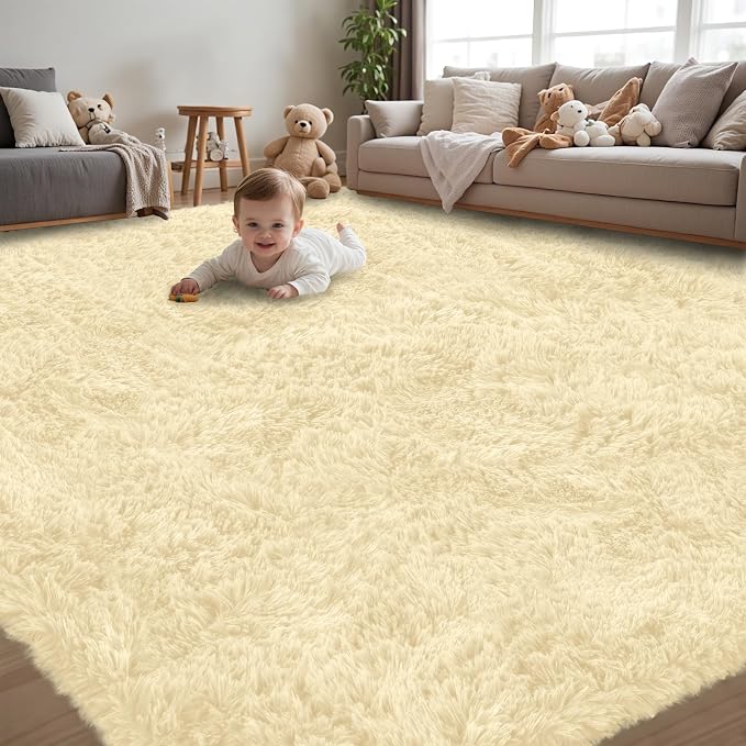 8x10 Area Rug for Living Room:Ultra Soft Fluffy Shag Cream White Rugs, Large - Image 3